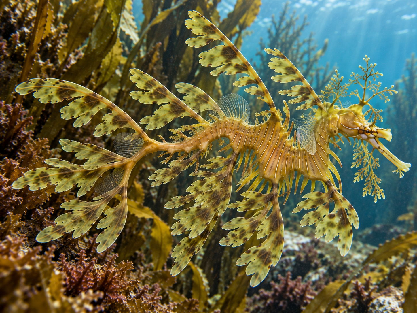 Leafy seadragon showing large camouflage appendages and smaller true swimming fins.