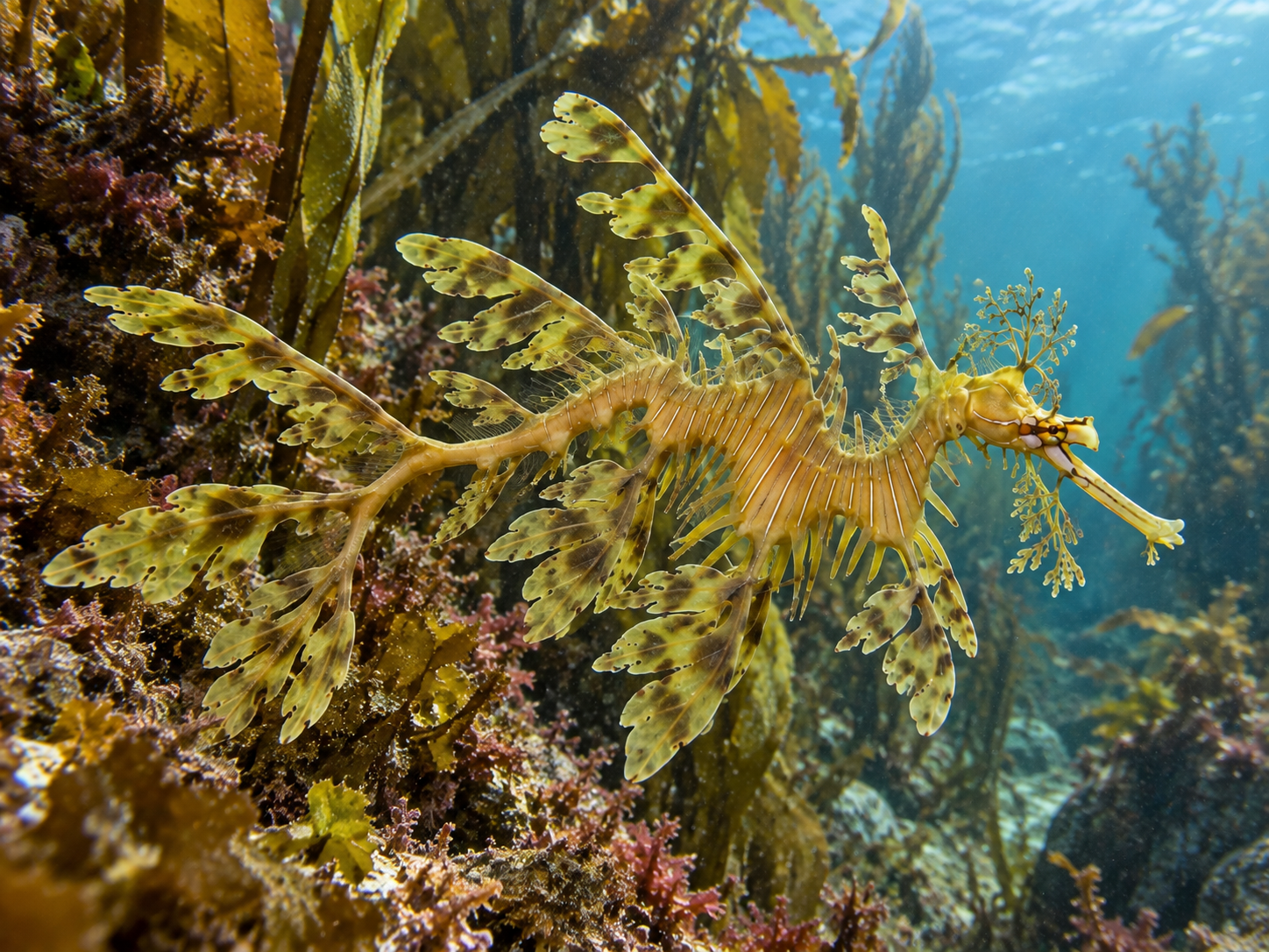 Leafy seadragon swimming among kelp on a rocky reef in southern Australia.