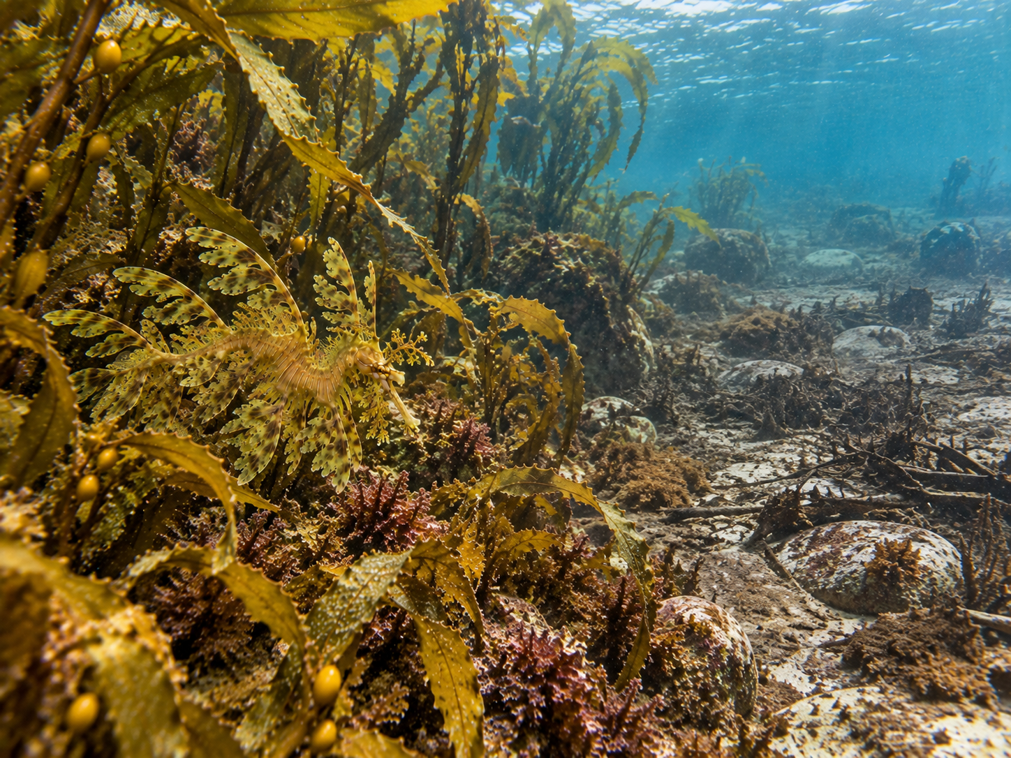 Leafy seadragon in healthy kelp habitat showing why its coastal environment needs protection.