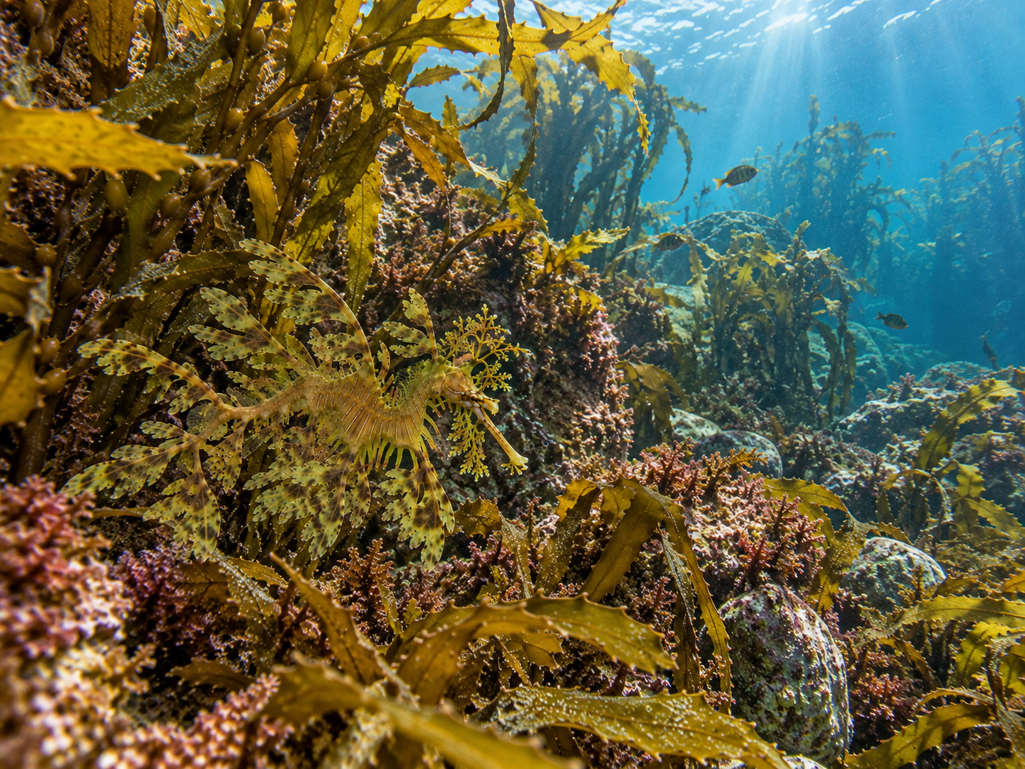 Leafy seadragon living among kelp-covered rocky reefs in southern Australia.
